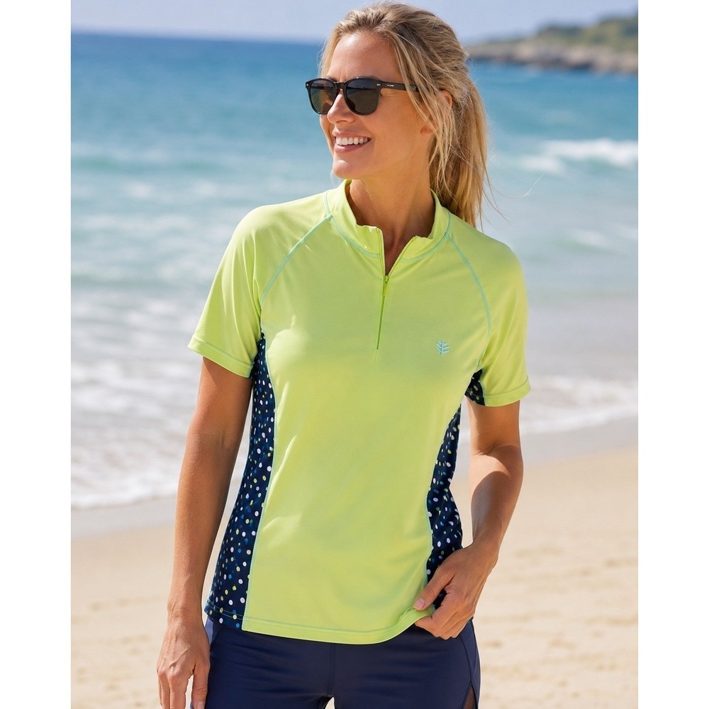 Coolibar Womens XL Rash Guard UPF 50 Lime Green Polka Dot Quarter Zip Swim Shrt